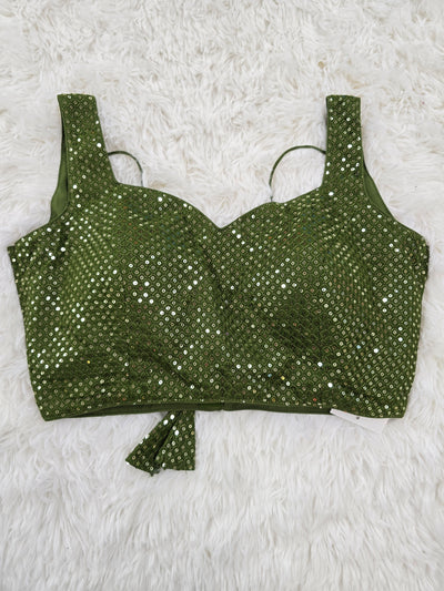 Olive Green Sequins Work Sleeveless Blouse with Extra Sleeve Material