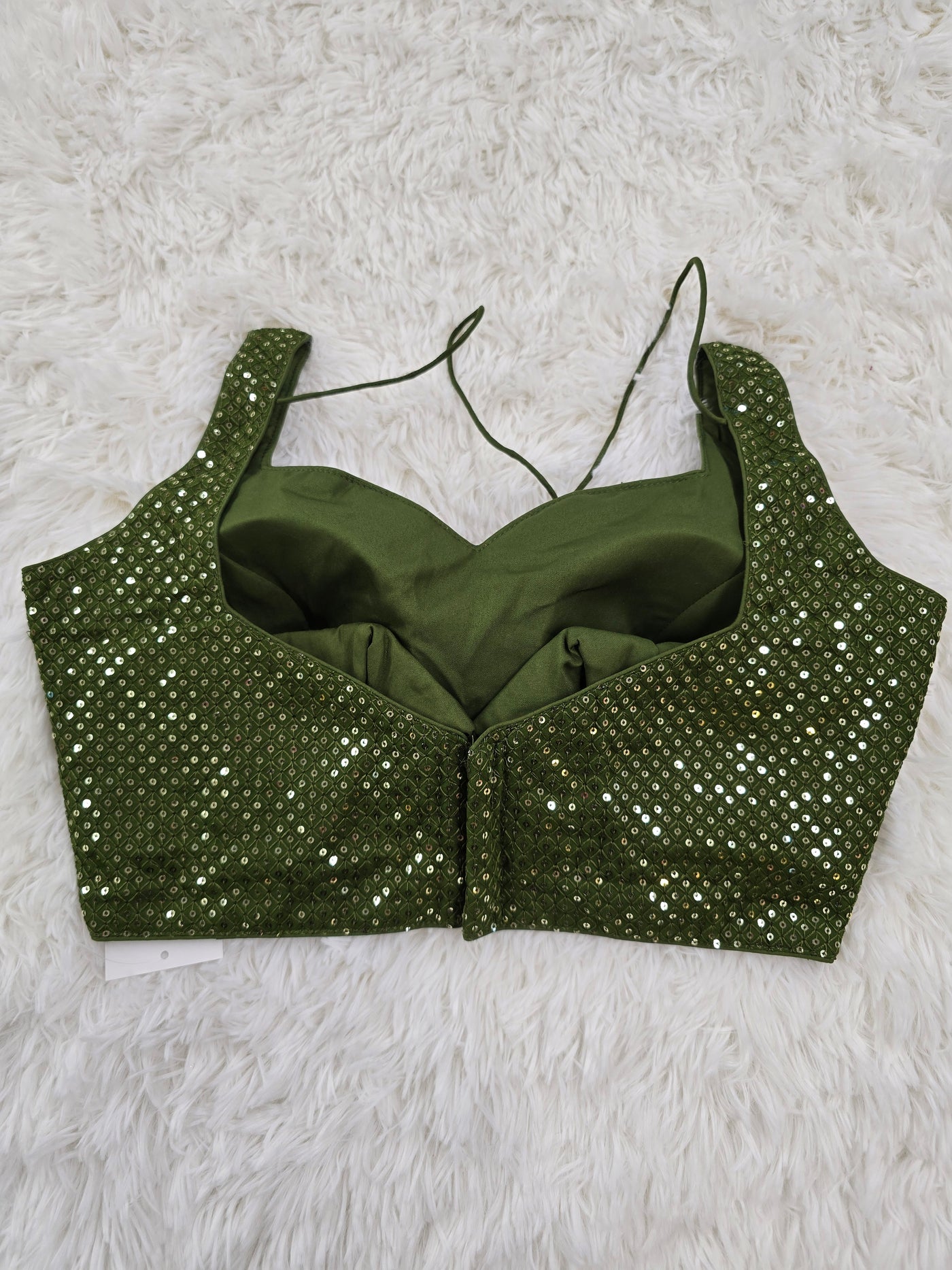 Olive Green Sequins Work Sleeveless Blouse with Extra Sleeve Material