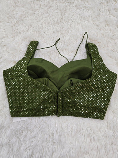 Olive Green Sequins Work Sleeveless Blouse with Extra Sleeve Material