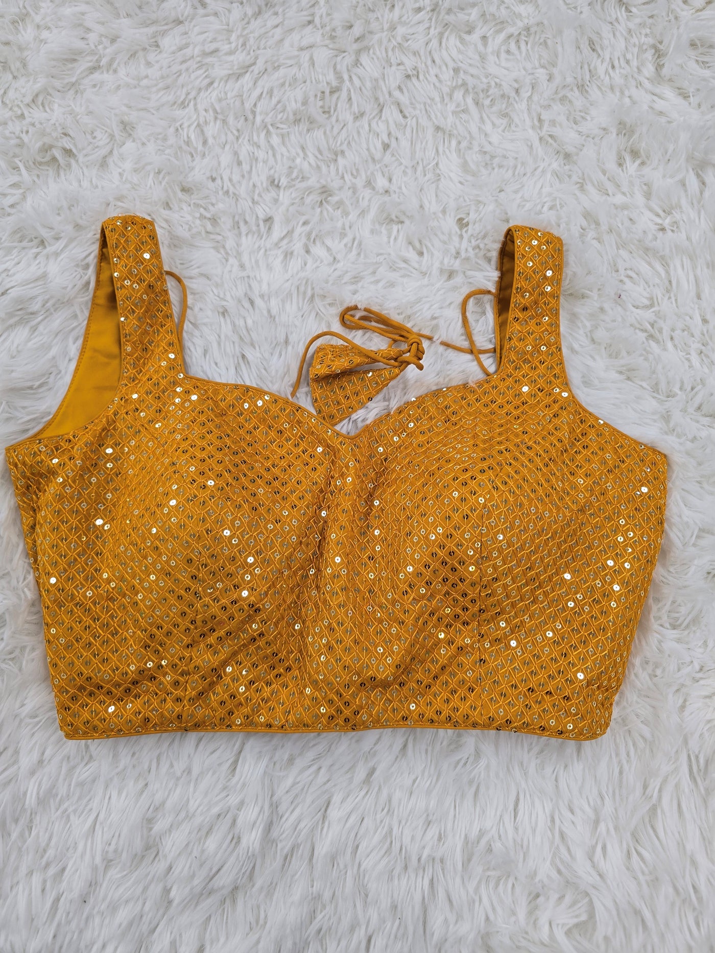Mustard Yellow Sequin Work Sleeveless Blouse with Sweetheart Neckline & Extra Material for sleeves
