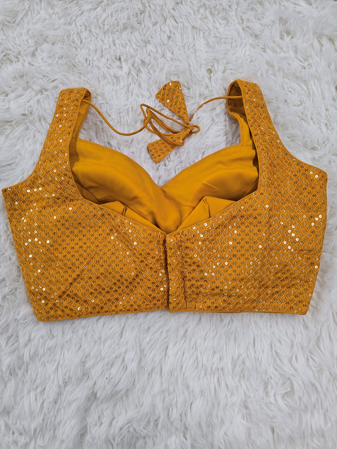 Mustard Yellow Sequin Work Sleeveless Blouse with Sweetheart Neckline & Extra Material for sleeves