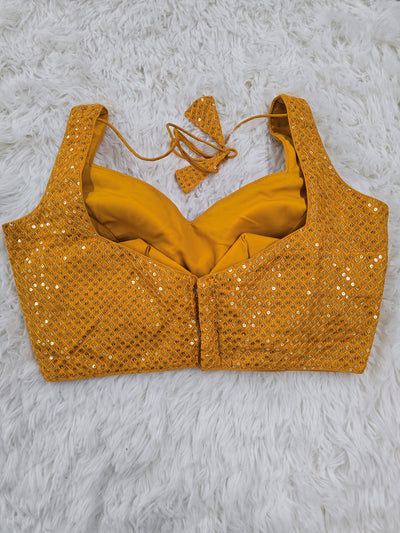 Mustard Yellow Sequin Work Sleeveless Blouse with Sweetheart Neckline & Extra Material for sleeves