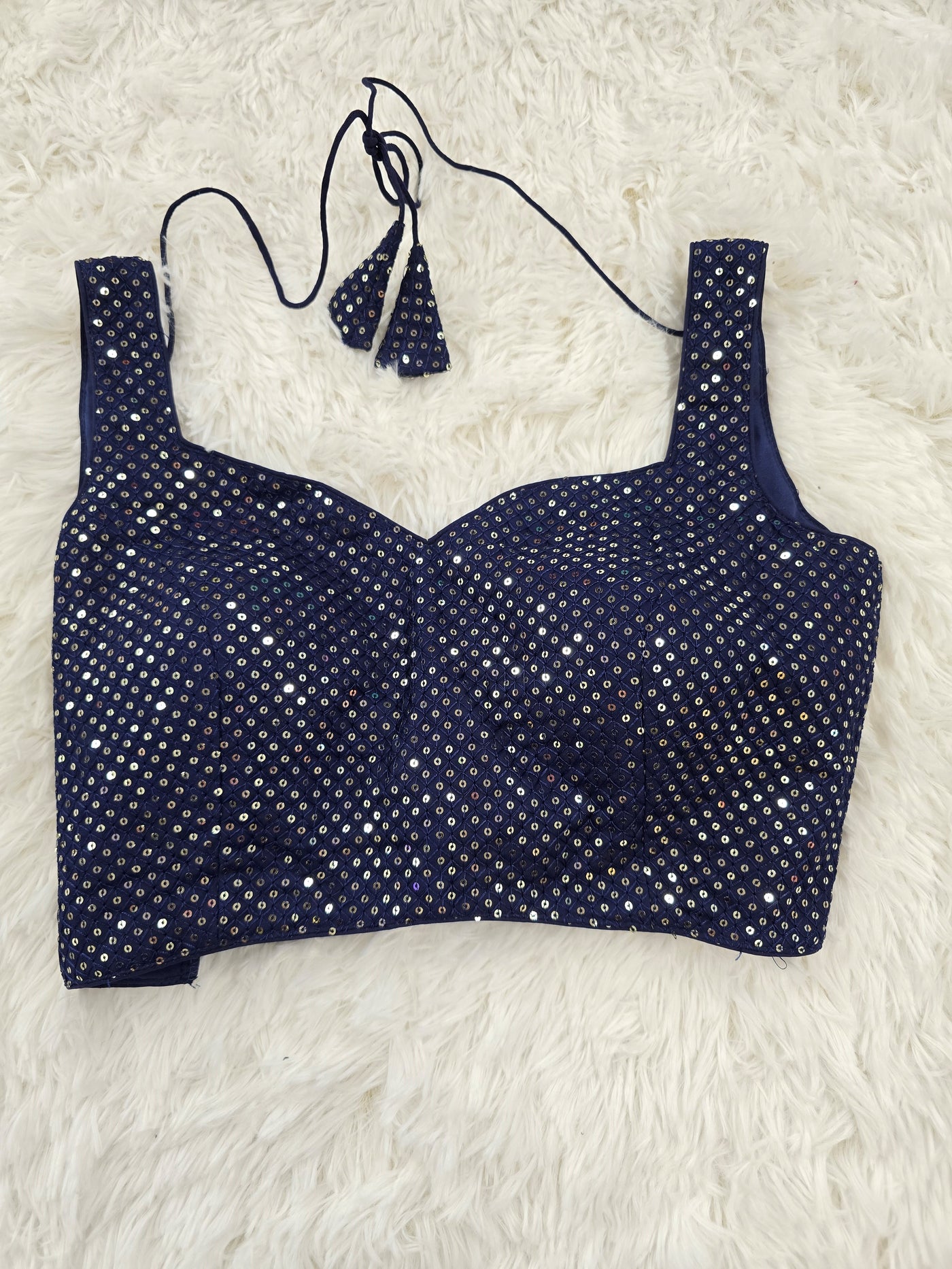 Navy Blue Sequins Work Sleeveless Blouse with Sweetheart Neckline