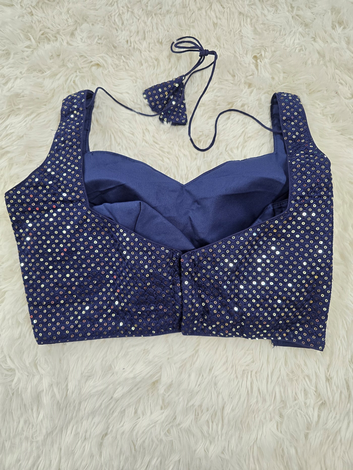 Navy Blue Sequins Work Sleeveless Blouse with Sweetheart Neckline