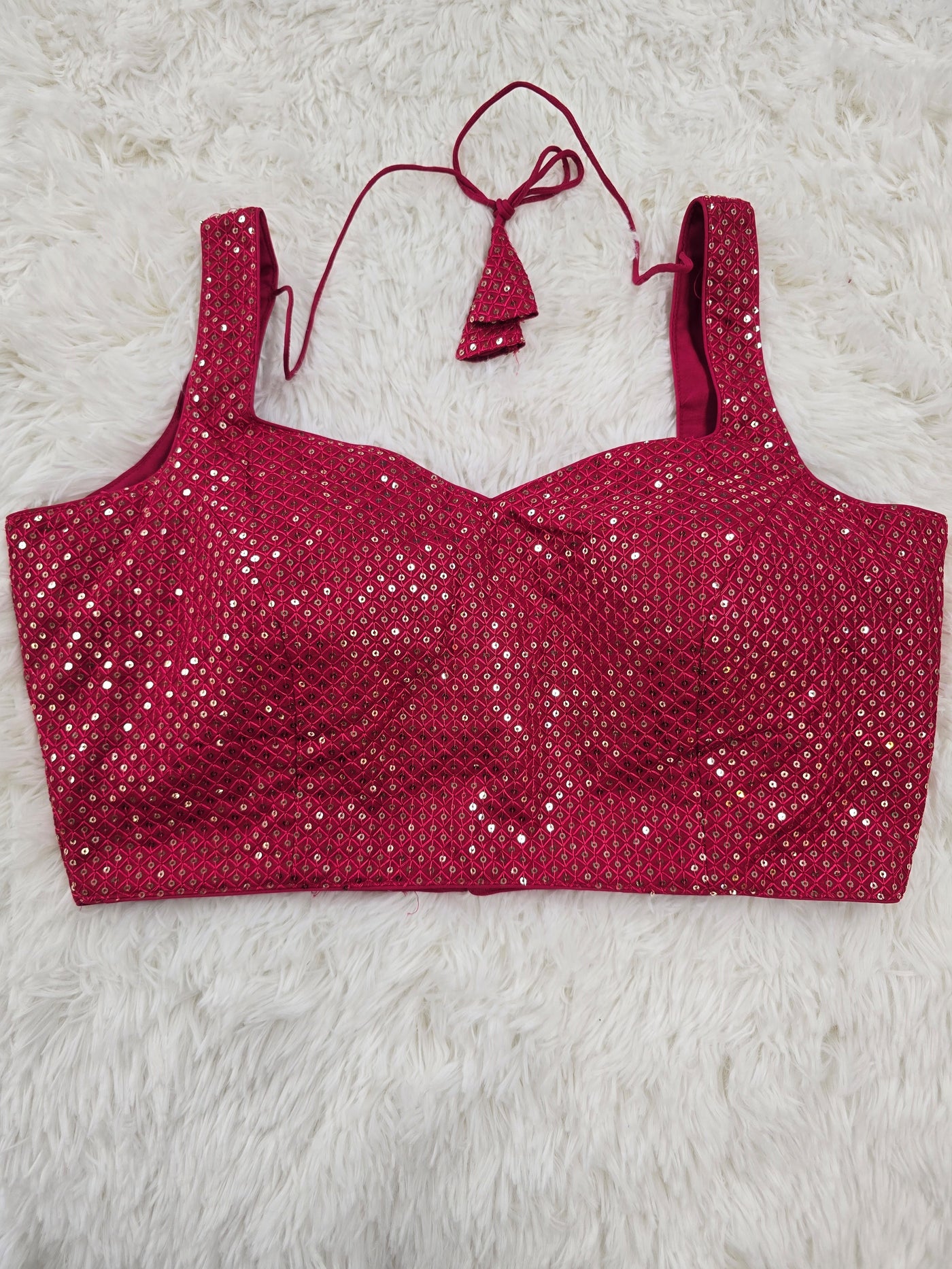 Dark Pink Sequins Sleeveless Blouse with Sweetheart Neckline & Extra Material for Sleeves
