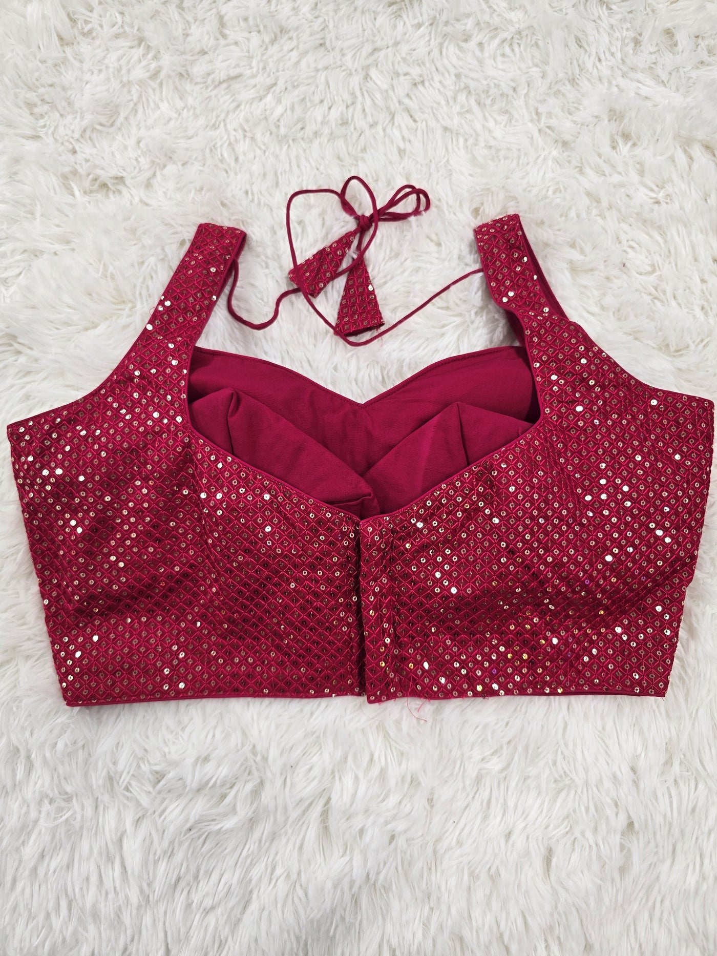 Dark Pink Sequins Sleeveless Blouse with Sweetheart Neckline & Extra Material for Sleeves