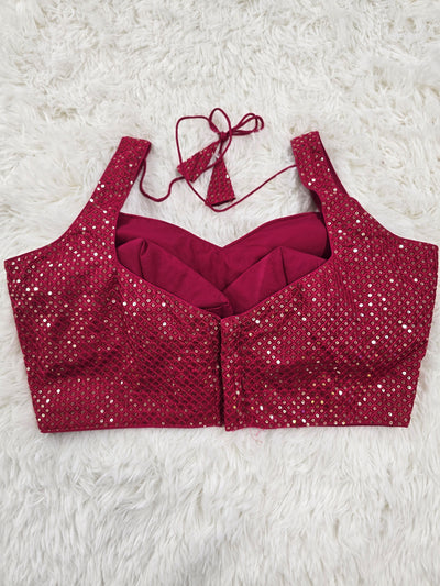 Dark Pink Sequins Sleeveless Blouse with Sweetheart Neckline & Extra Material for Sleeves