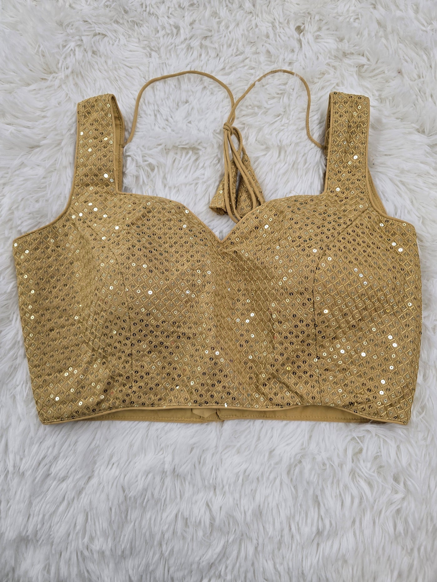 Golden Sequin Sleeveless Blouse with Sweetheart Neckline
