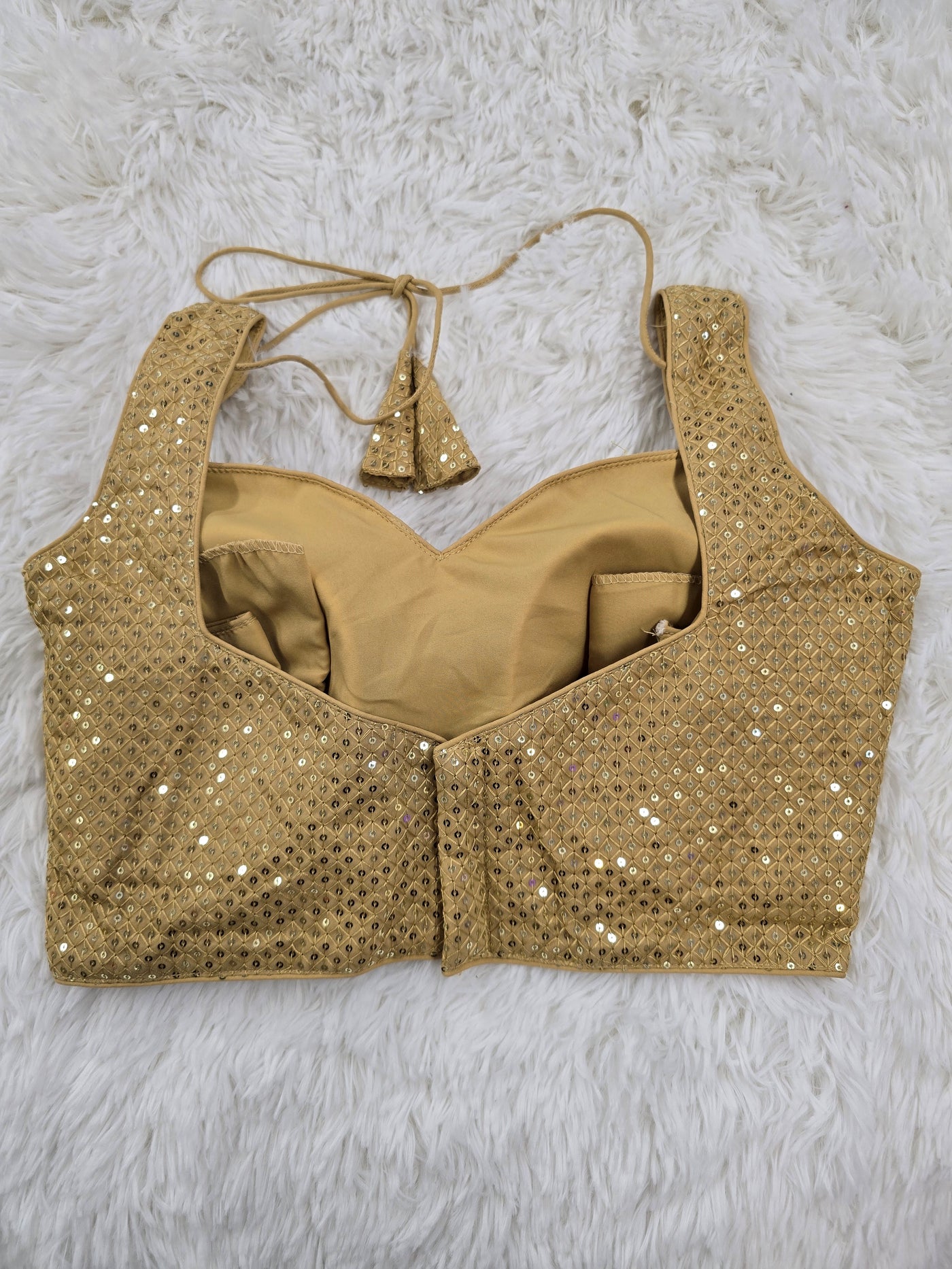 Golden Sequin Sleeveless Blouse with Sweetheart Neckline