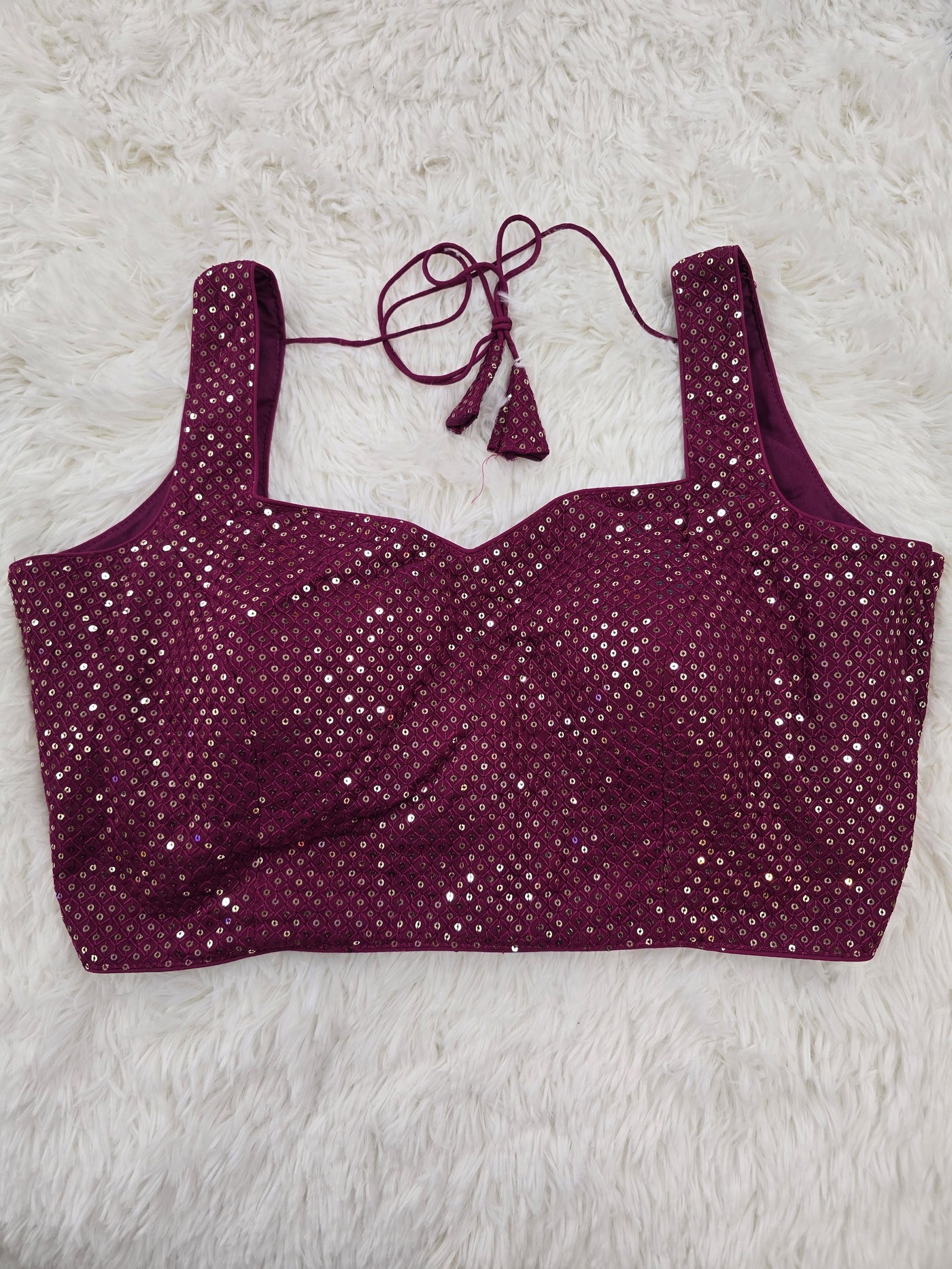 Magenta Sequin Work Sleeveless Blouse with Sweetheart Neckline & Extra Material for Sleeves