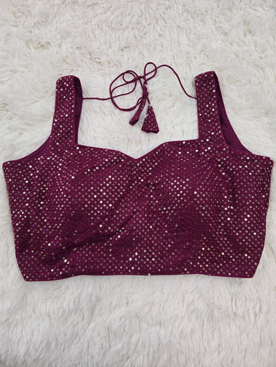 Magenta Sequin Work Sleeveless Blouse with Sweetheart Neckline & Extra Material for Sleeves