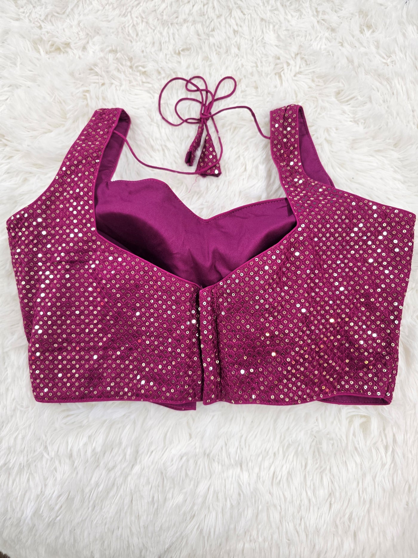 Magenta Sequin Work Sleeveless Blouse with Sweetheart Neckline & Extra Material for Sleeves