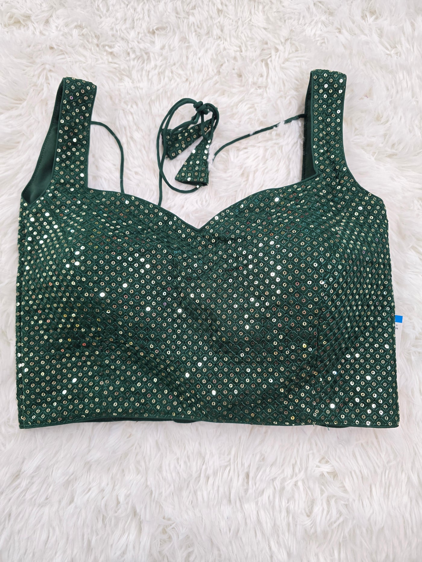 Dark Green Sleeveless Sequin Blouse with Sweetheart Neckline & Extra Material for Sleeves