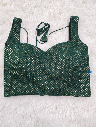 Dark Green Sleeveless Sequin Blouse with Sweetheart Neckline & Extra Material for Sleeves