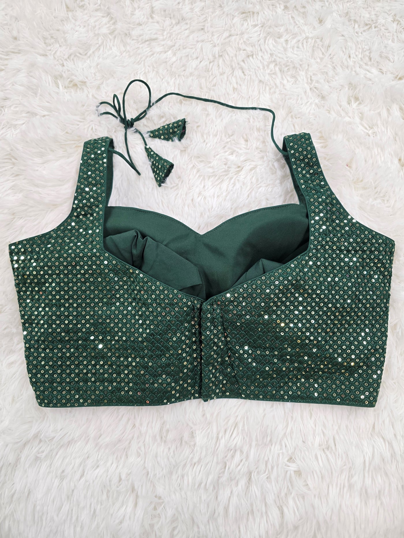Dark Green Sleeveless Sequin Blouse with Sweetheart Neckline & Extra Material for Sleeves