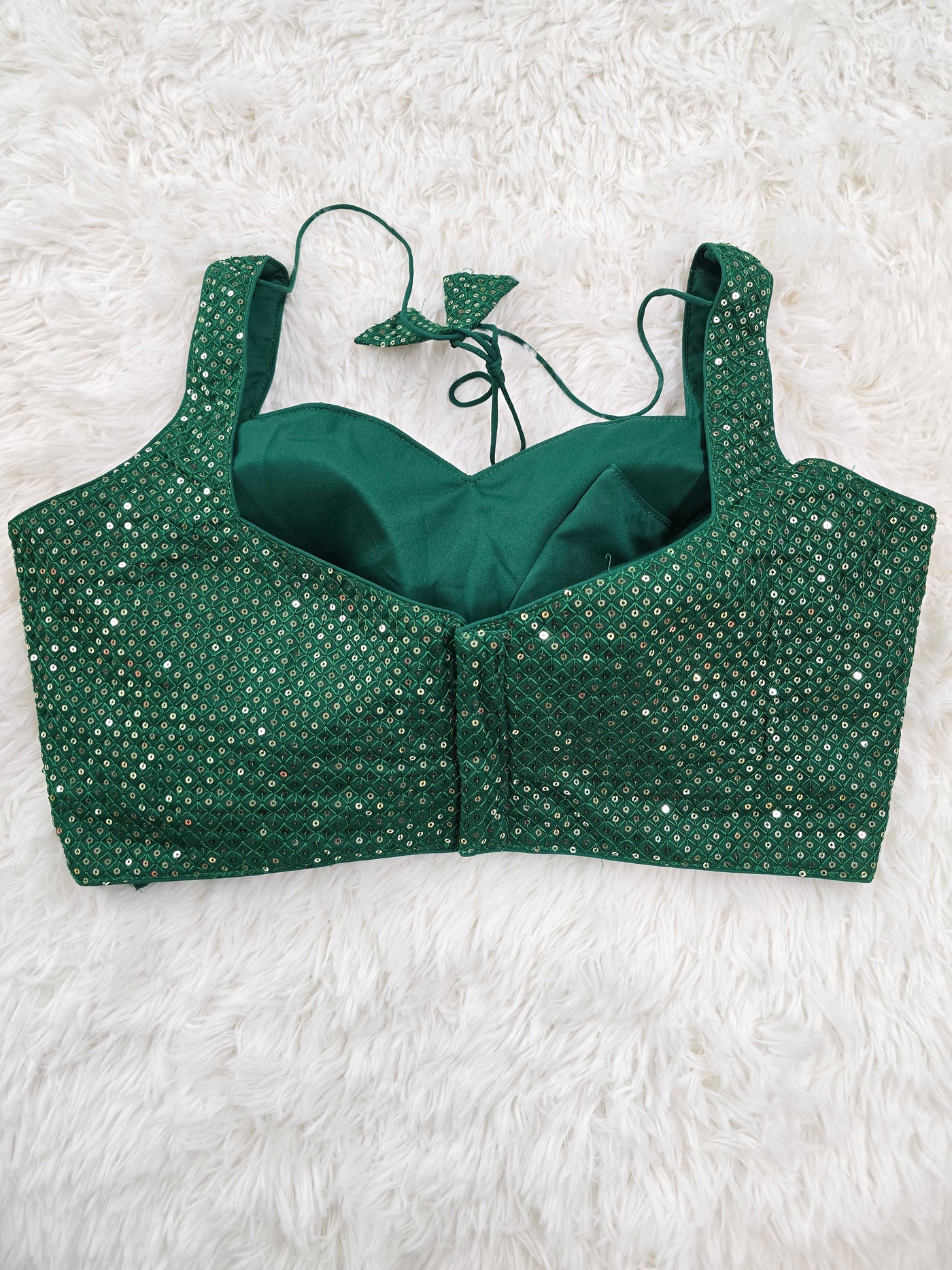 Sleeveless Green Sequin Blouse with Sweetheart Neckline – Includes Extra Sleeve Fabric & Margin