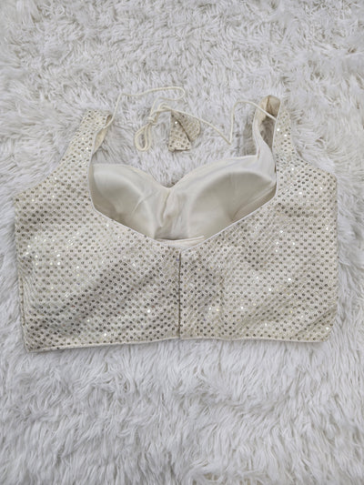 White Sequin Embroidered Sleeveless Blouse with Sweetheart Neckline & Extra Sleeve Fabric