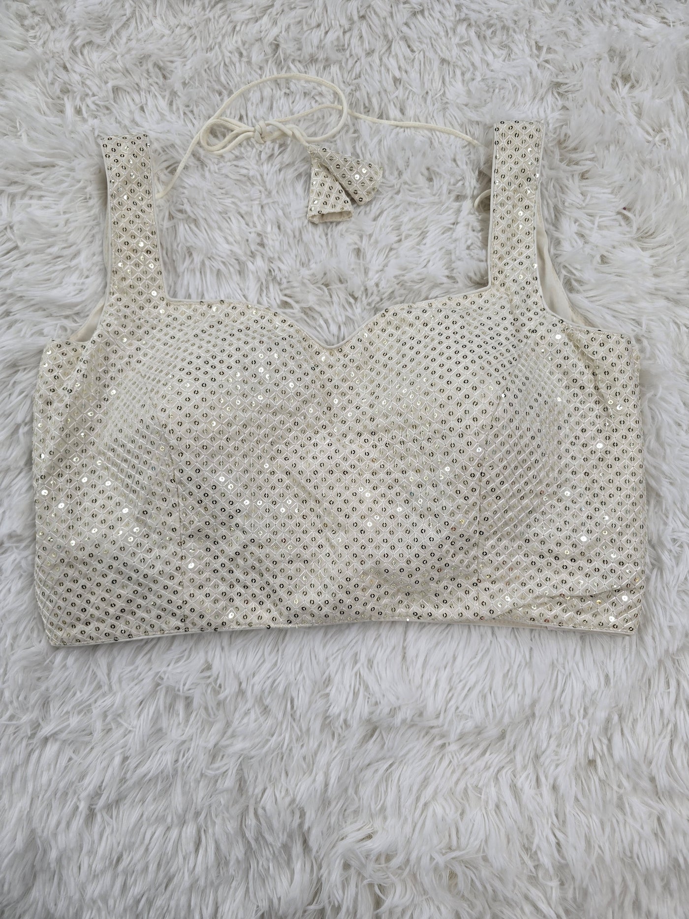 White Sequin Embroidered Sleeveless Blouse with Sweetheart Neckline & Extra Sleeve Fabric