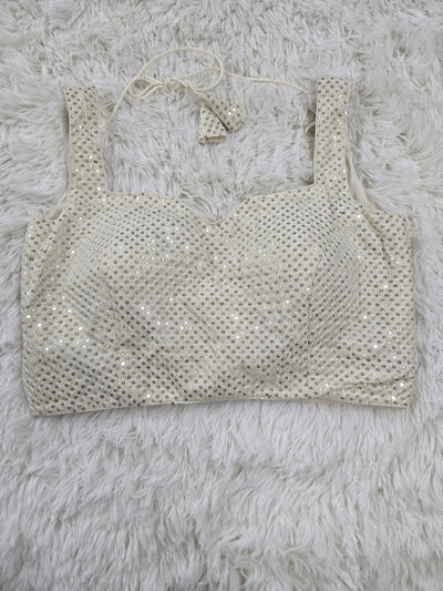White Sequin Embroidered Sleeveless Blouse with Sweetheart Neckline & Extra Sleeve Fabric