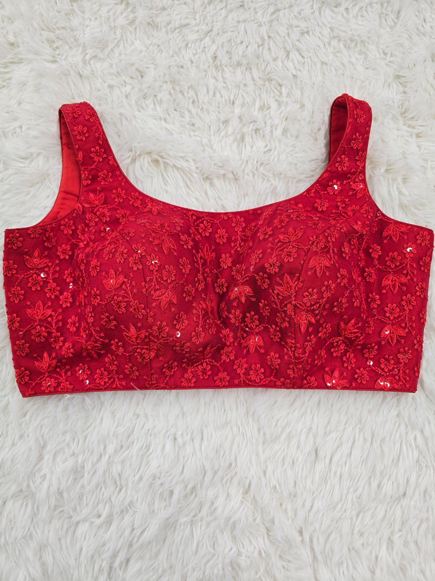 Red Floral Embroidered Blouse – Sleeveless Readymade Padded Blouse with Sequin Highlights