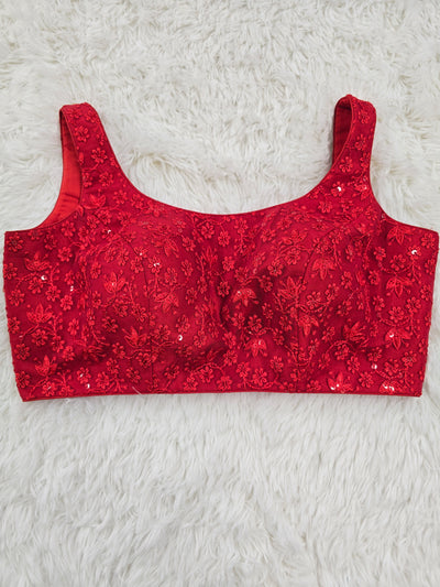 Red Floral Embroidered Blouse – Sleeveless Readymade Padded Blouse with Sequin Highlights