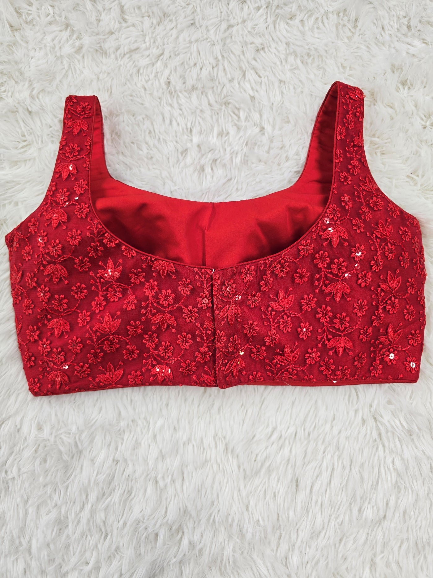 Red Floral Embroidered Blouse – Sleeveless Readymade Padded Blouse with Sequin Highlights