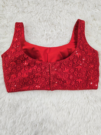Red Floral Embroidered Blouse – Sleeveless Readymade Padded Blouse with Sequin Highlights