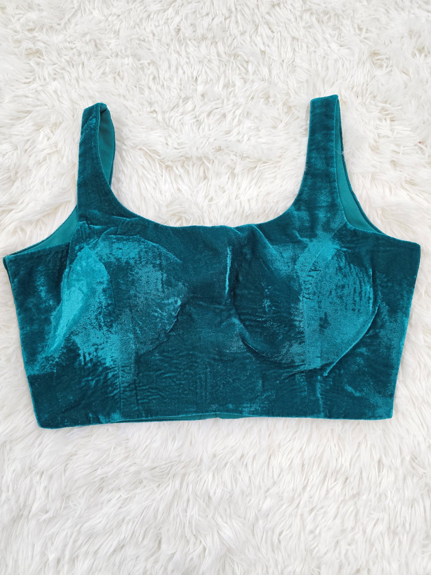 Green Velvet Readymade Blouse – Elegant Padded Sleeveless Blouse with Back Hook Closure