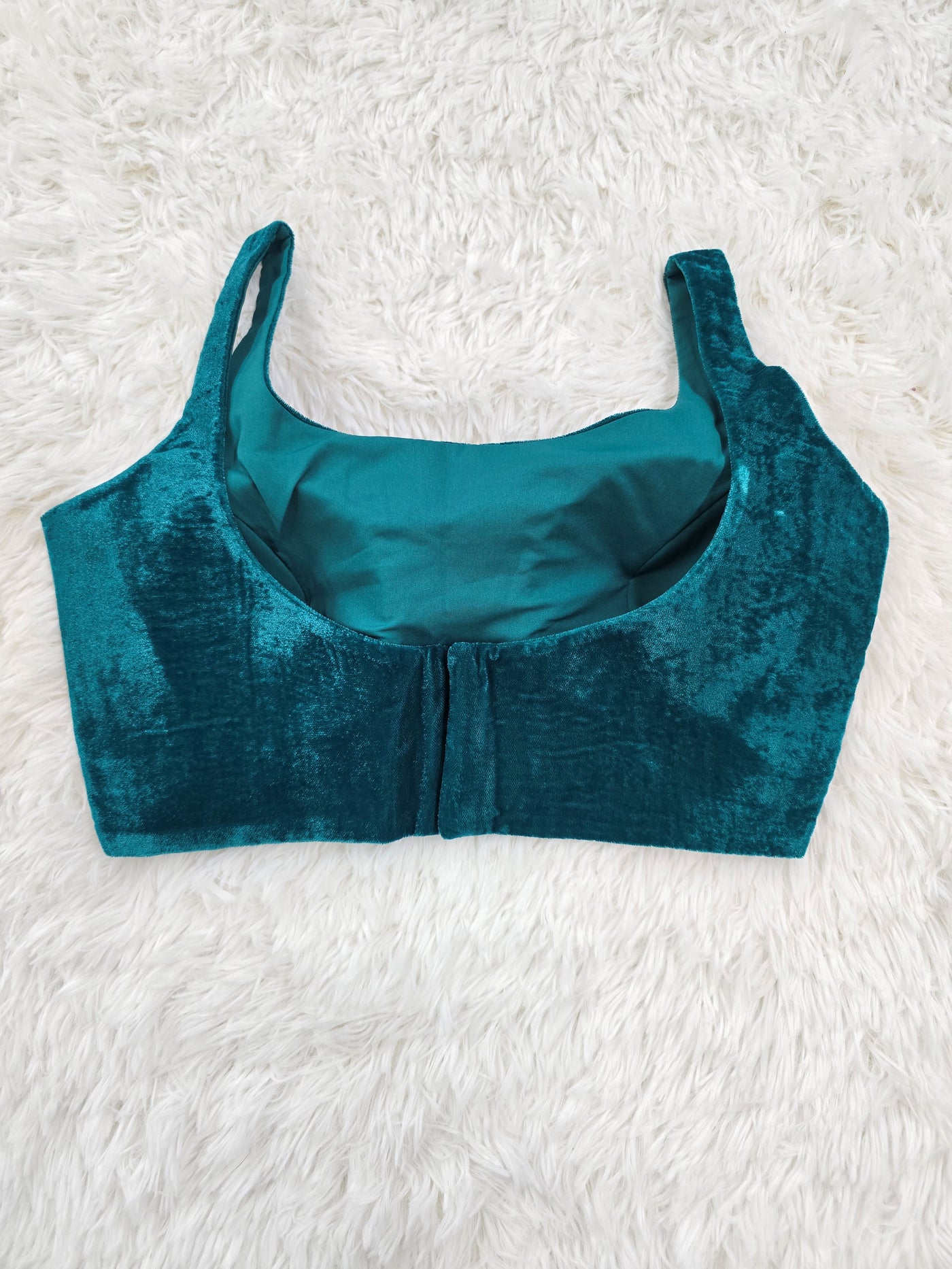 Green Velvet Readymade Blouse – Elegant Padded Sleeveless Blouse with Back Hook Closure