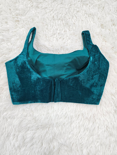Green Velvet Readymade Blouse – Elegant Padded Sleeveless Blouse with Back Hook Closure