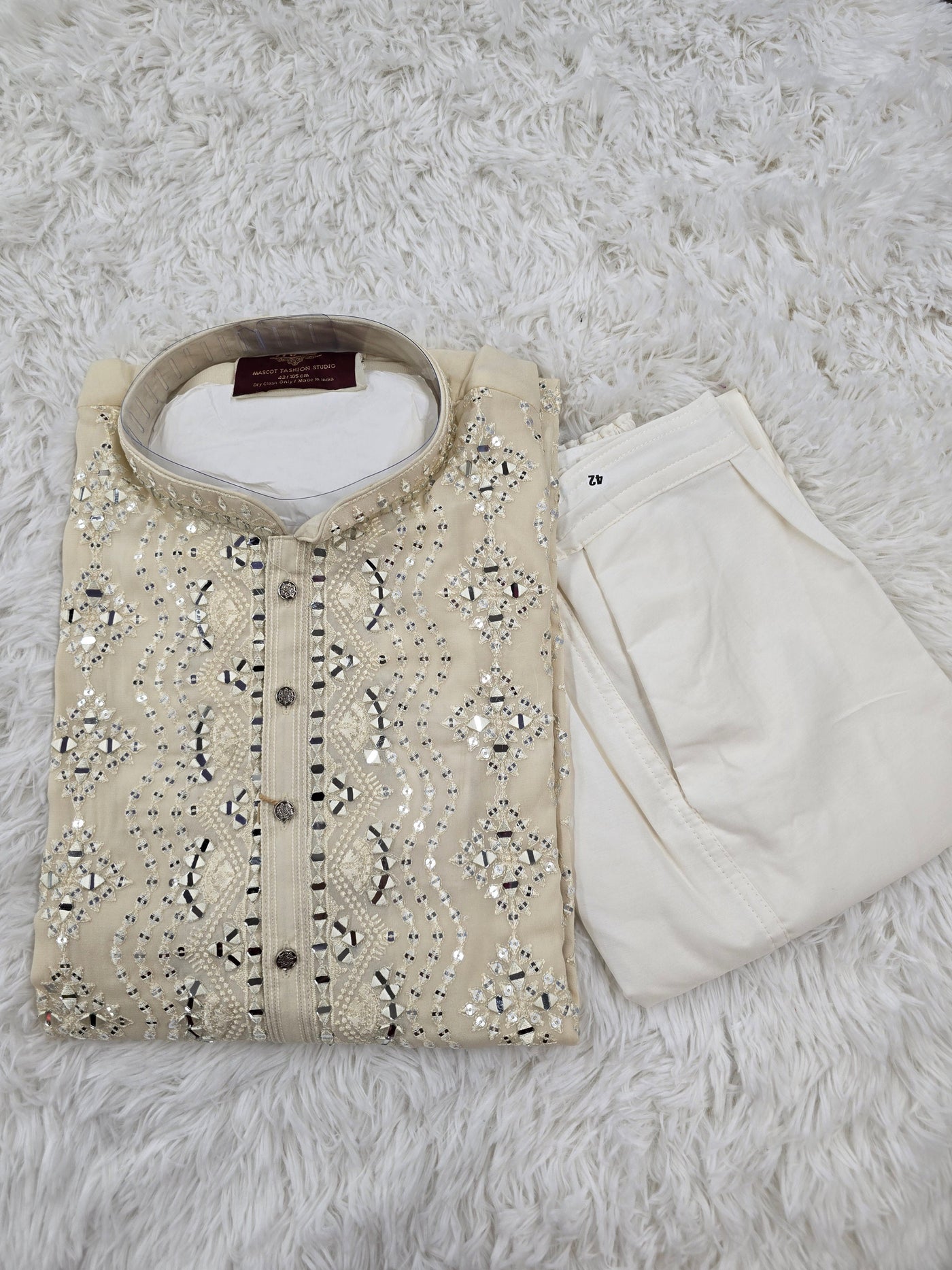 Men’s Beige Mirror Work Kurta with White Pyjama – Elegant Festive & Wedding Wear