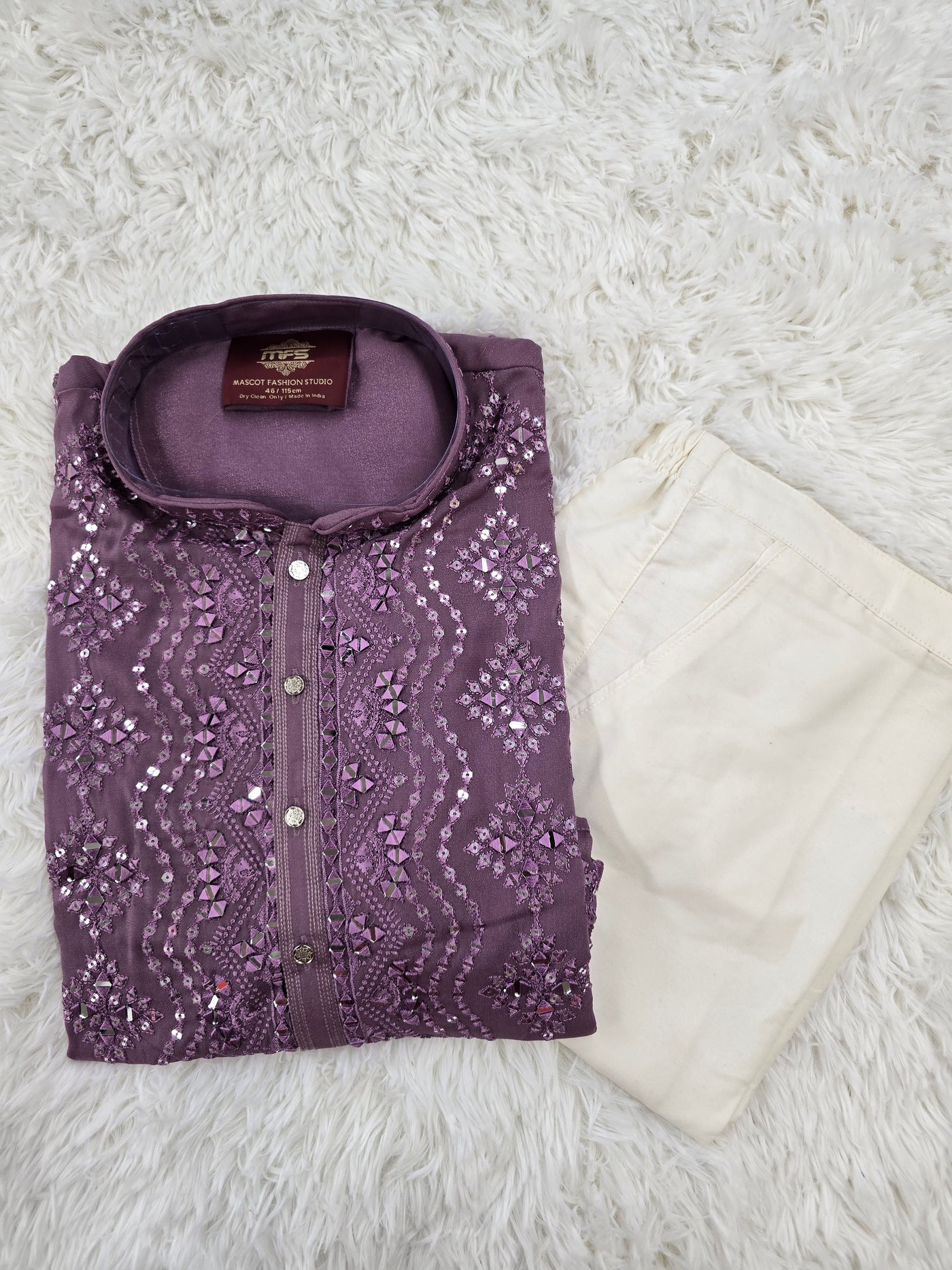 Men’s Mauve Georgette Mirror Work Kurta Pajama with White Bottom