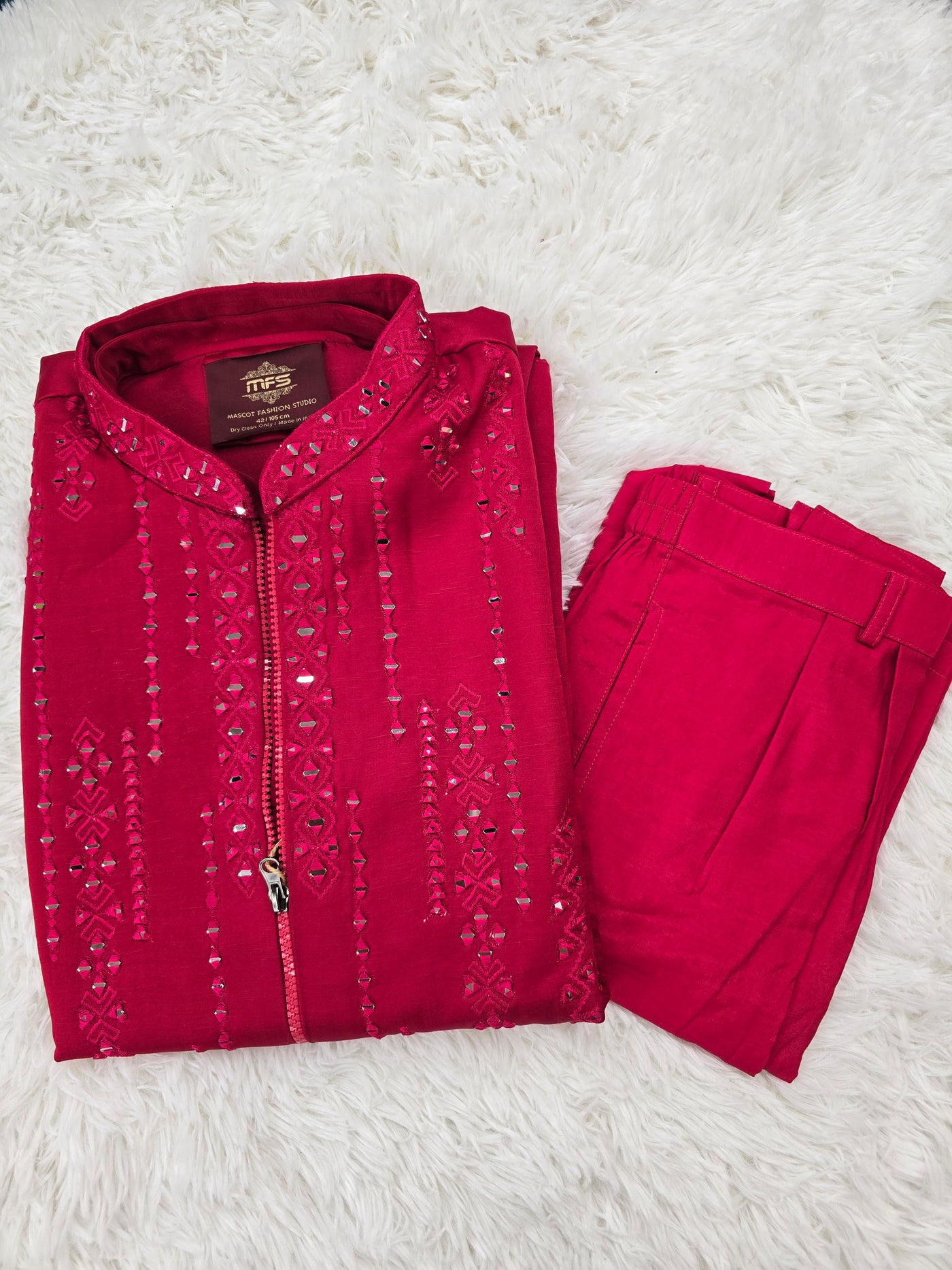 Men’s Red 3-Piece Kurta Pyjama with Mirror Work Zipper Coat – Festive & Wedding Wear