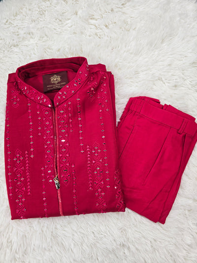 Men’s Red 3-Piece Kurta Pyjama with Mirror Work Zipper Coat – Festive & Wedding Wear