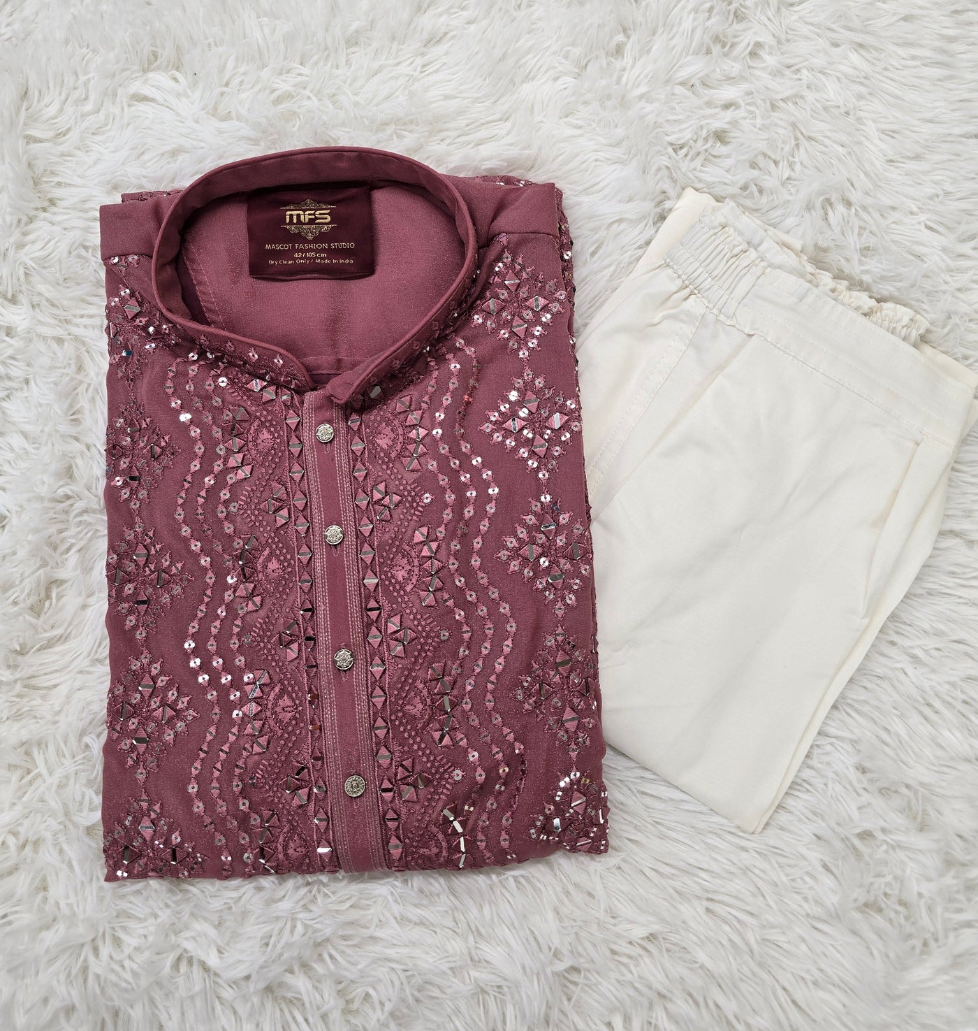 Men’s Dusty Rose Georgette Mirror Work Kurta Pajama Set – Elegant Festive Ethnic Wear