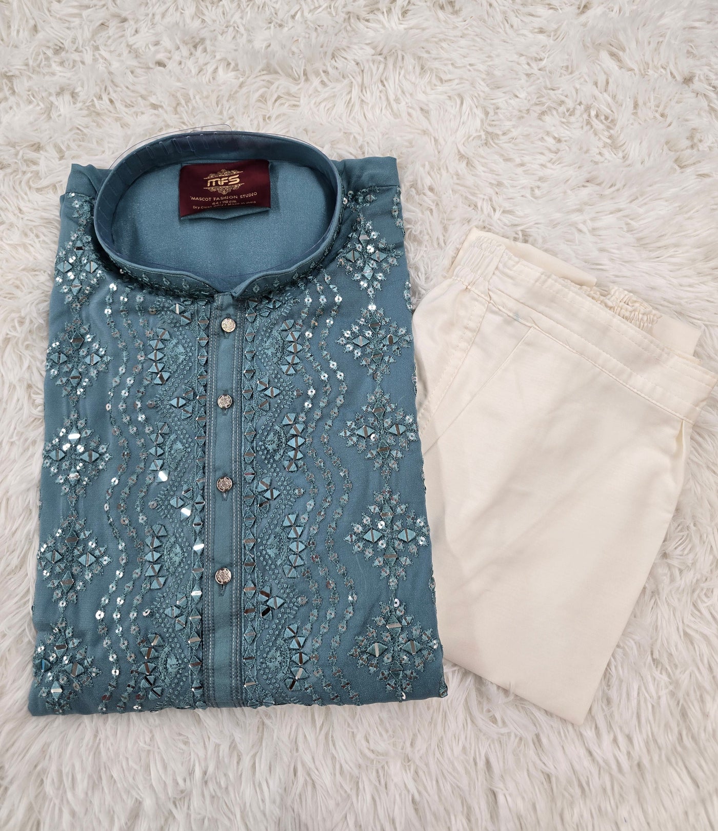 Men’s Teal Blue Georgette Kurta Pajama with Mirror & Sequin Work