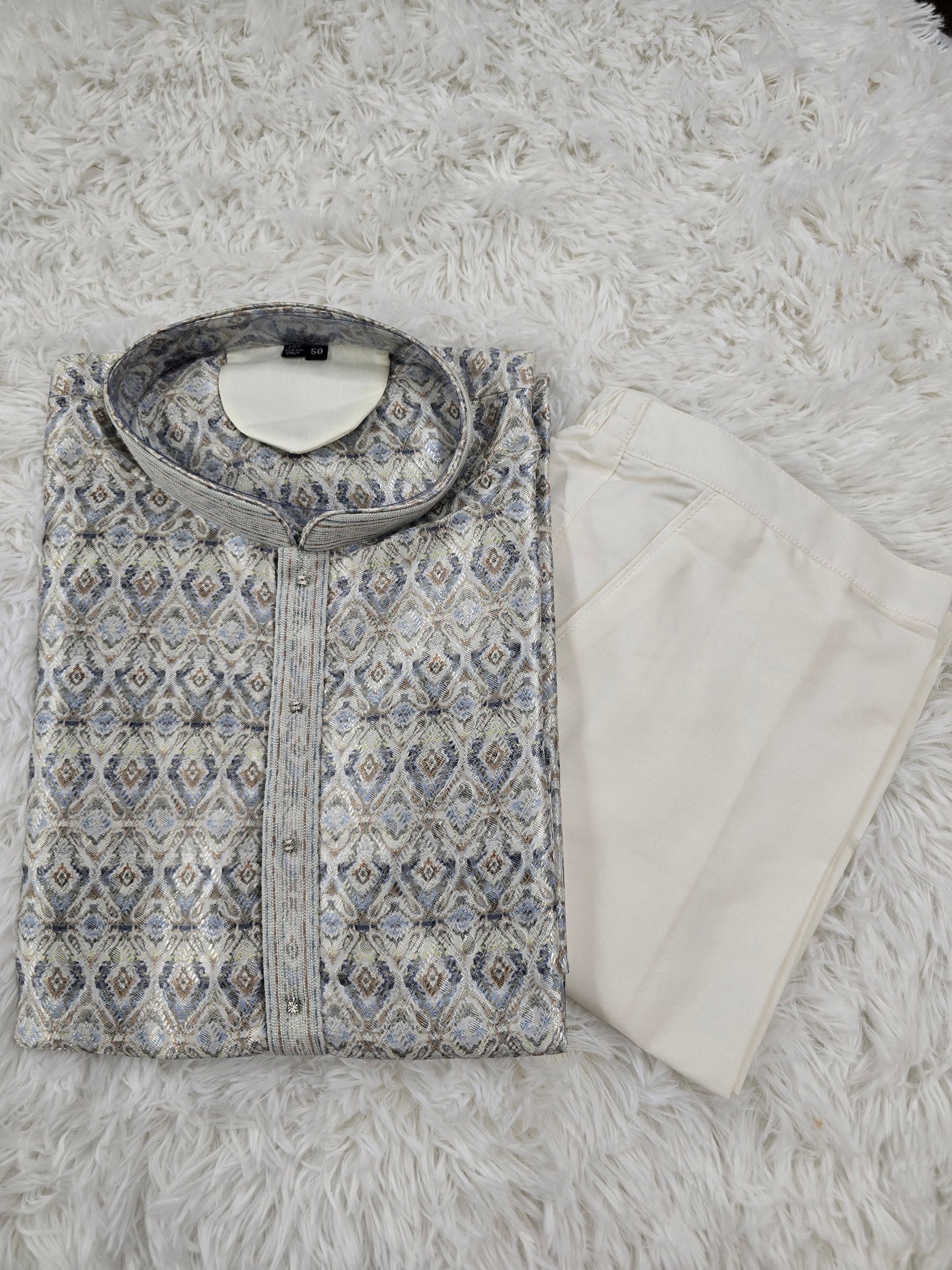 Men’s Silver Grey Brocade Kurta Pajama – Designer Festive Wear with White Pyjama