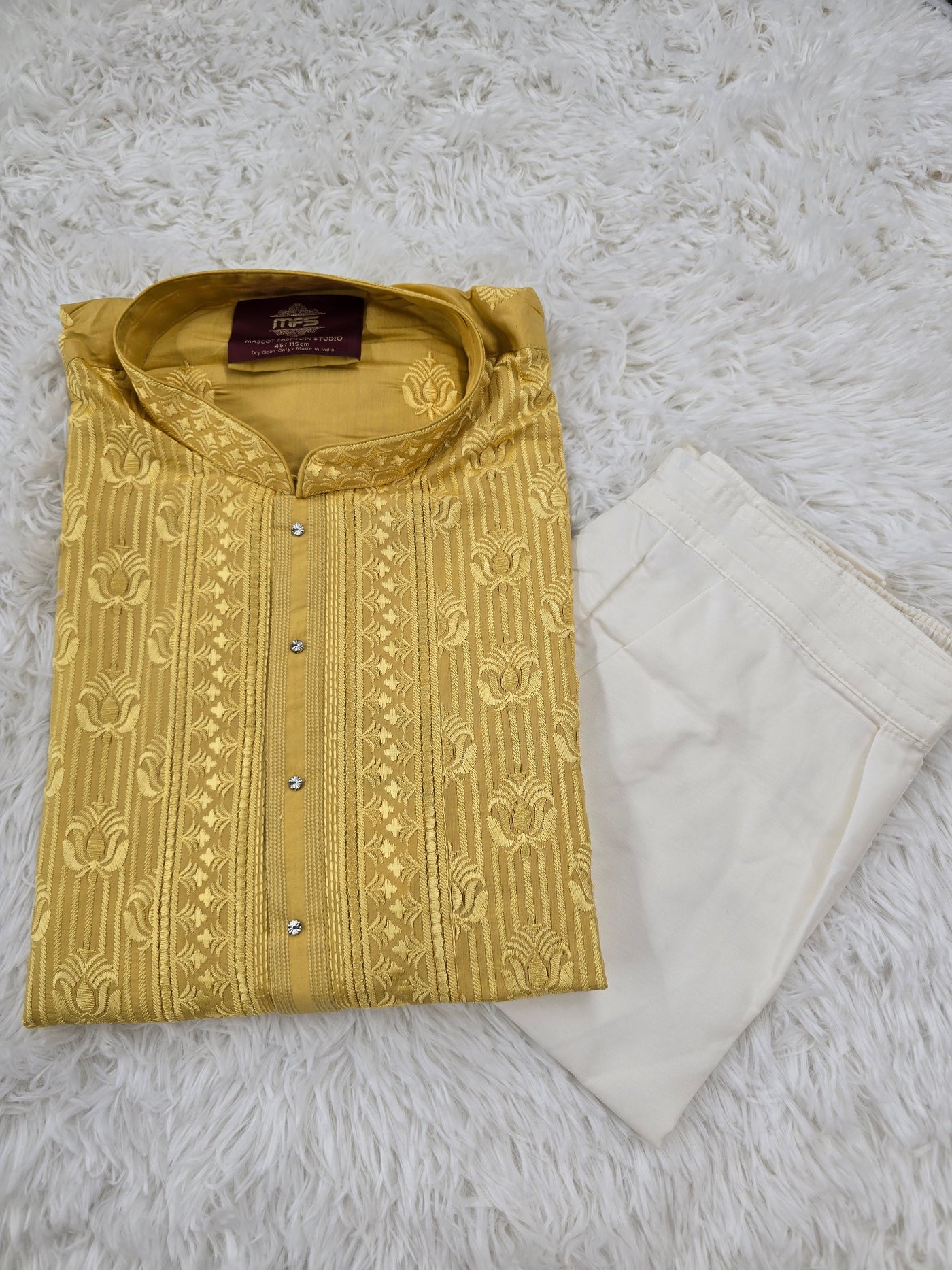 Men’s Yellow Embroidered Kurta with White Pajama – Elegant Festive Wear