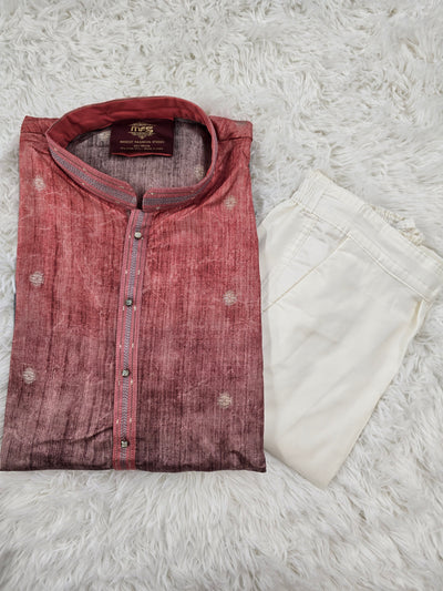 Men’s Ombre Dyed Kurta Pajama Set – Red to Grey Gradient with Subtle Gold Buttas