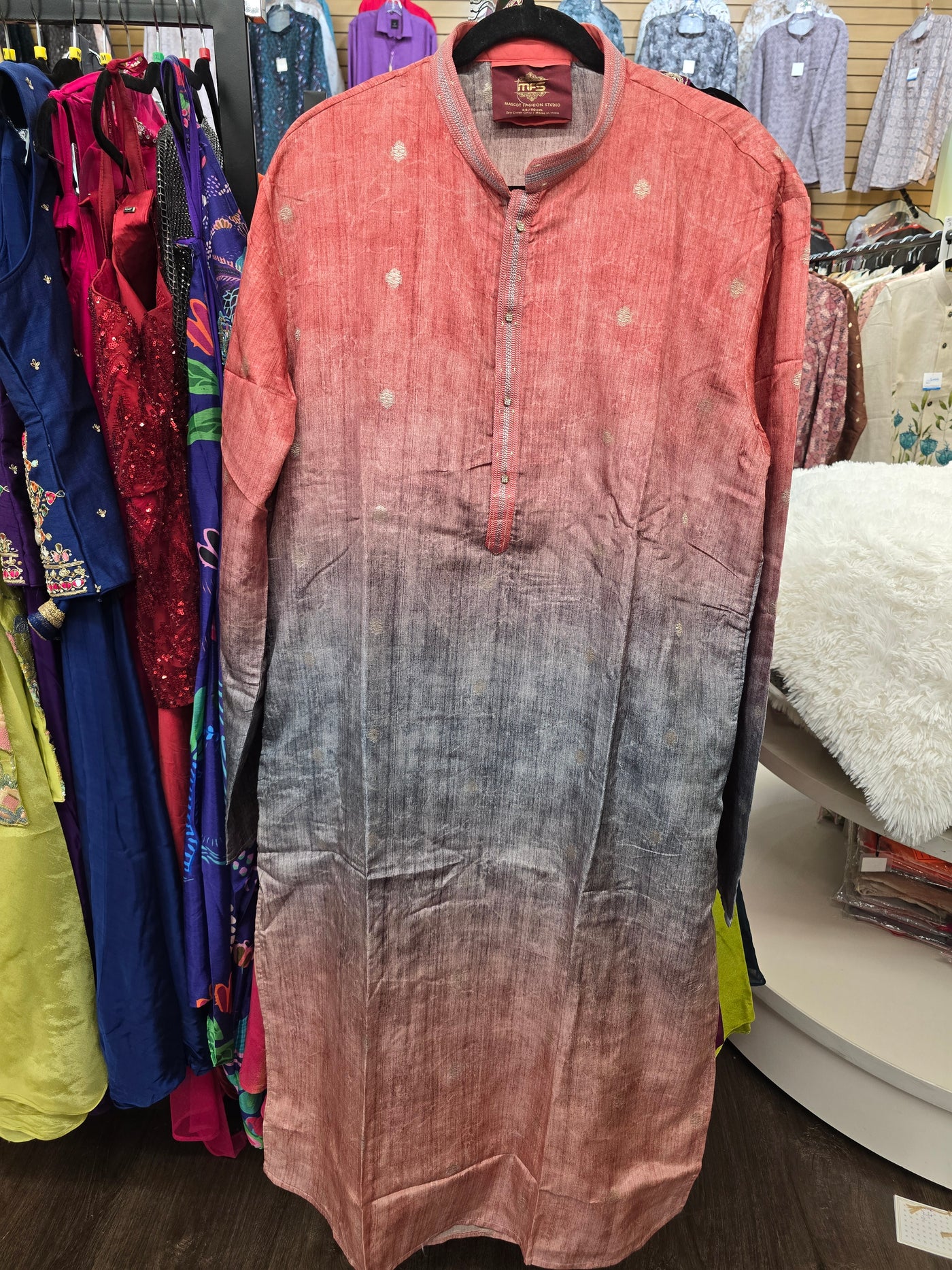 Men’s Ombre Dyed Kurta Pajama Set – Red to Grey Gradient with Subtle Gold Buttas