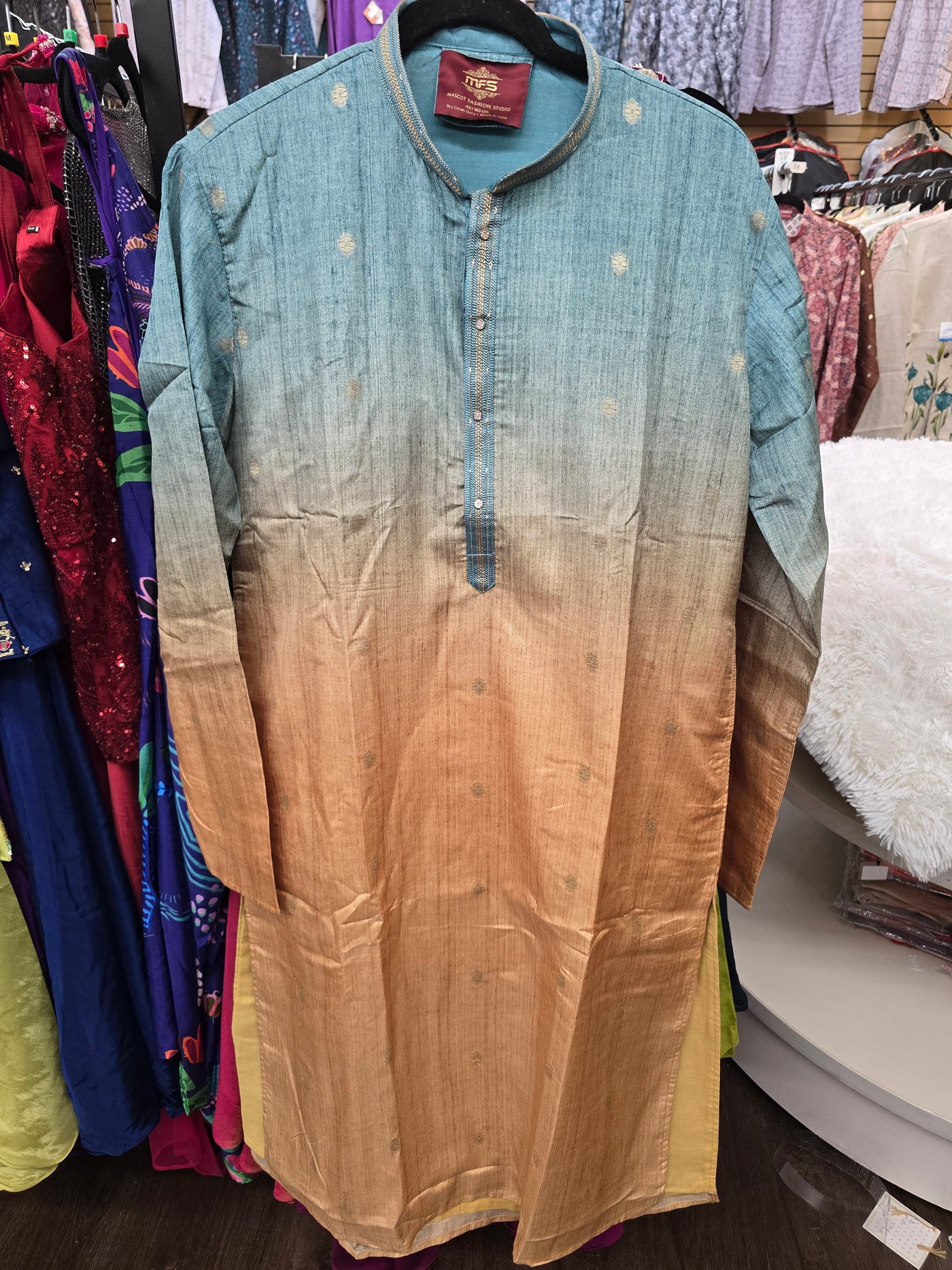 Men’s Dual Tone Blue & Gold Ombre Silk Kurta with White Pyjama – Elegant Festive & Wedding Wear