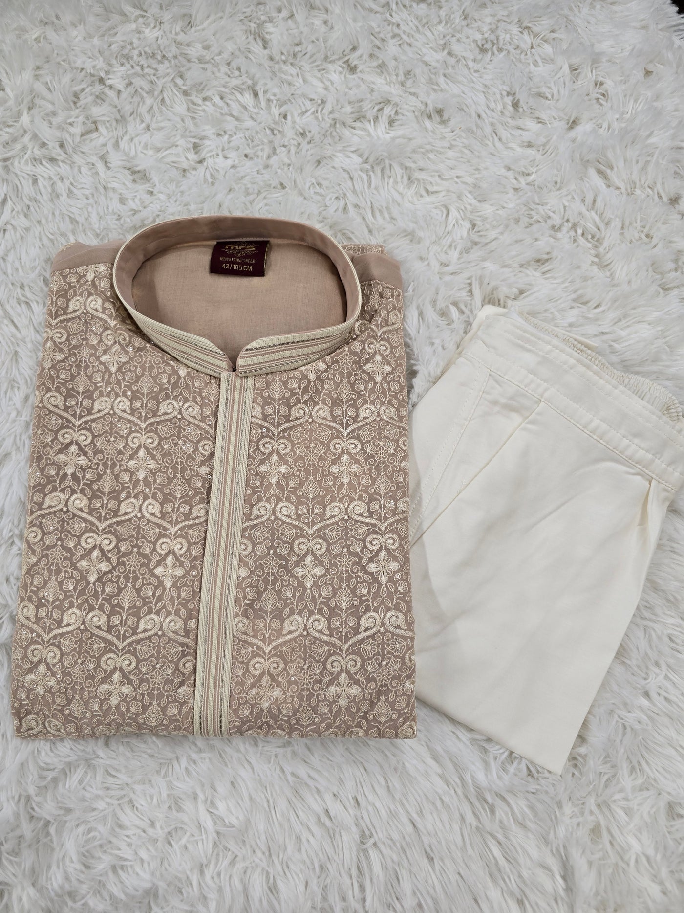 Men’s Muted Pink Kurta Pajama Set with Cream Embroidery – Elegant Festive Wear
