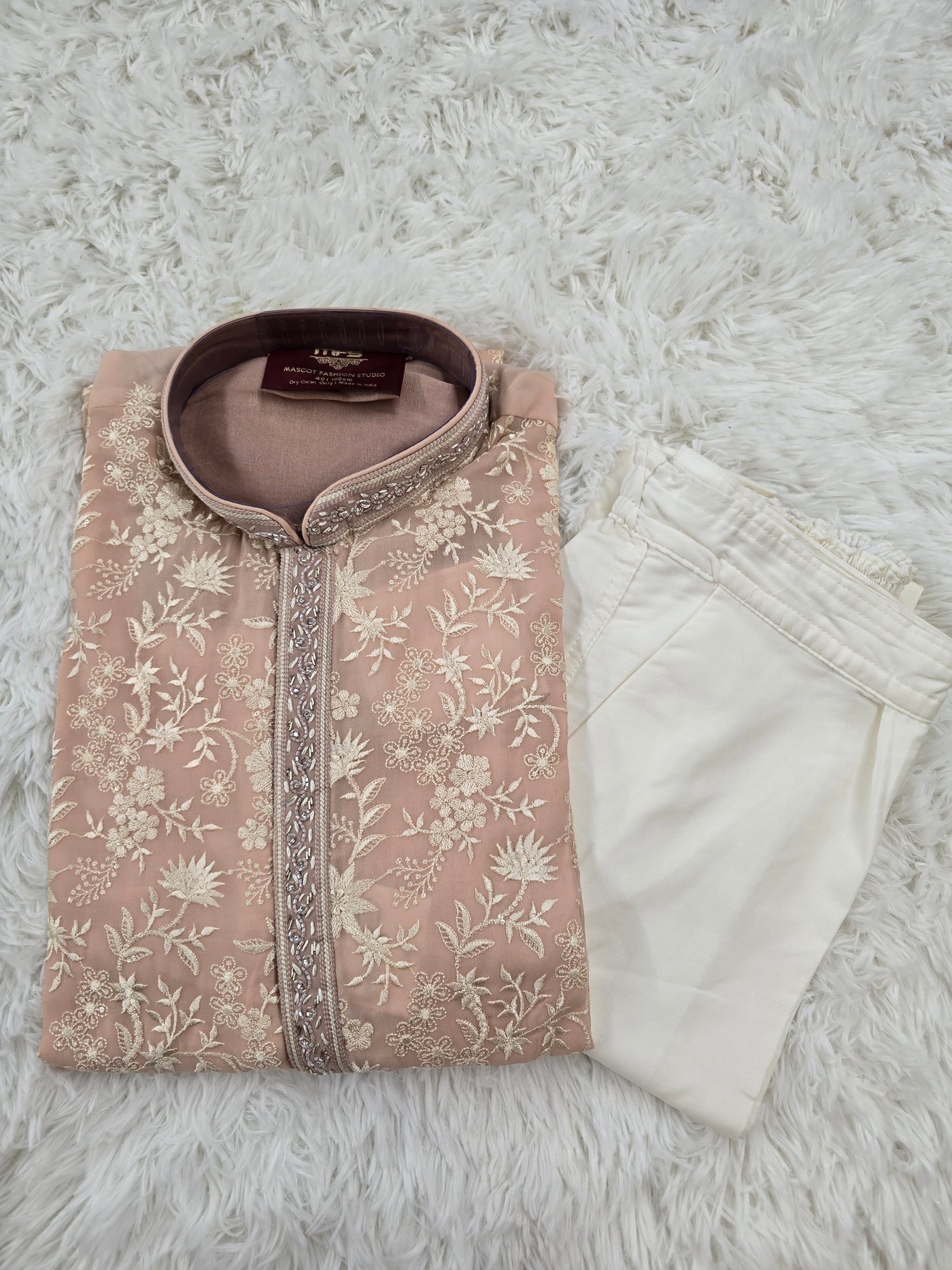 Men’s Pastel Peach Georgette Kurta Pajama with Thread & Sequin Embroidery