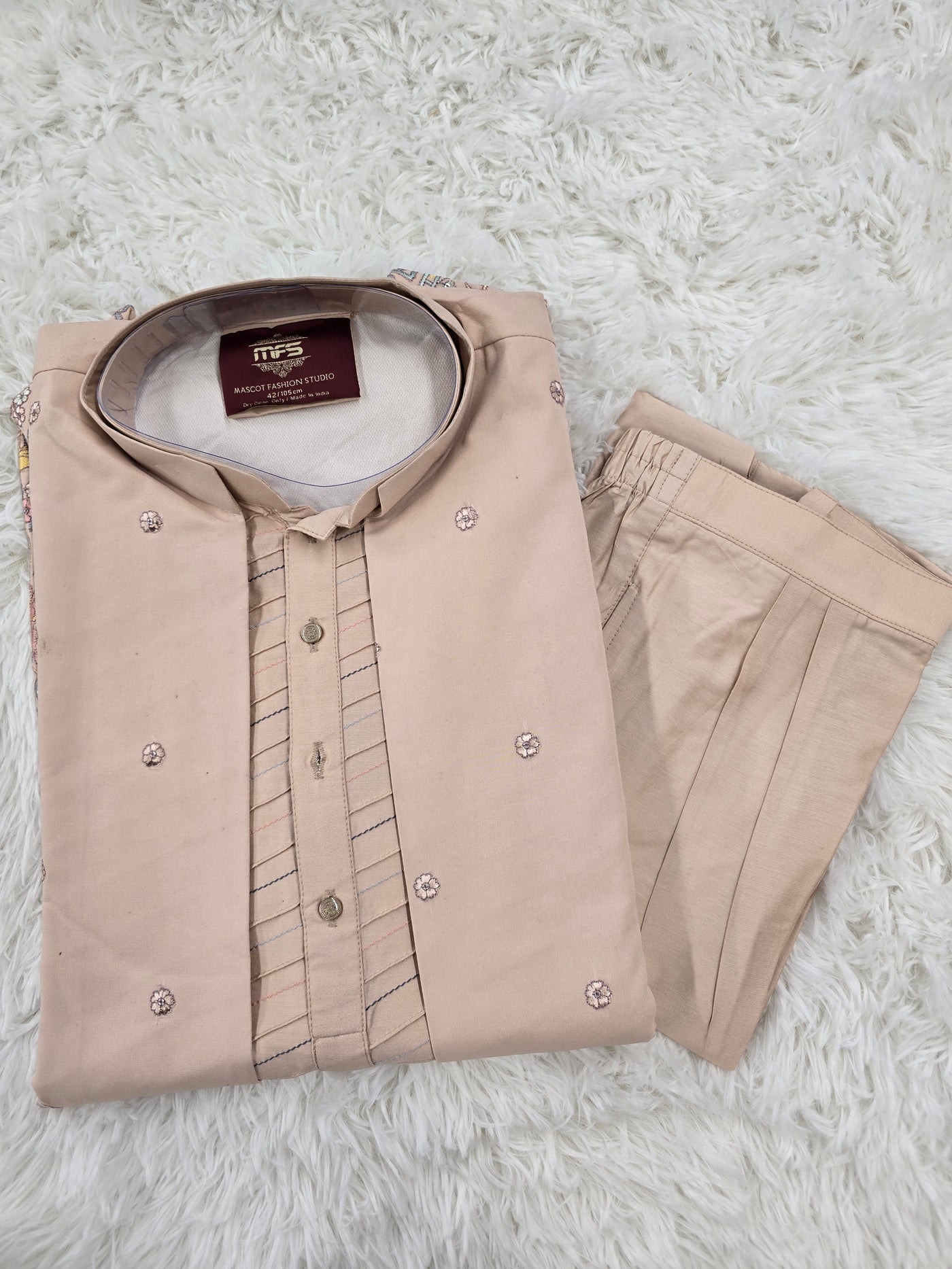 Men’s Light Peach Kurta Pajama with Printed Embroidered Jacket