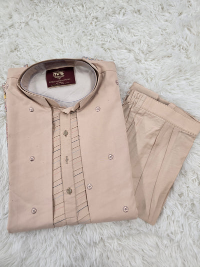 Men’s Light Peach Kurta Pajama with Printed Embroidered Jacket