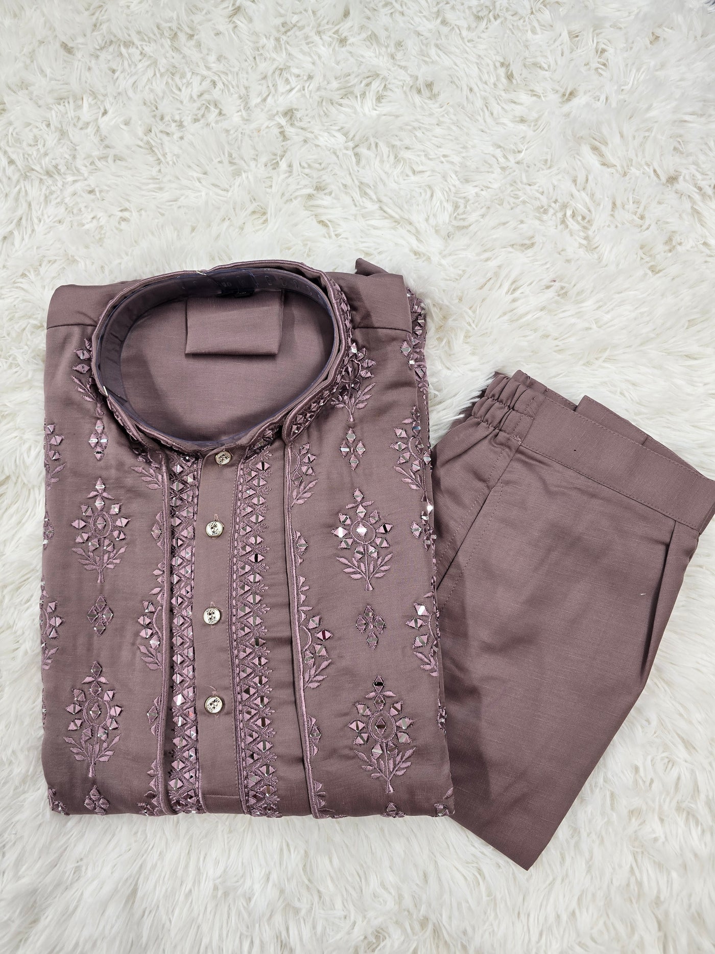 Men’s Dusty Mauve Kurta Pajama Set with Mirror Work & Thread Embroidery