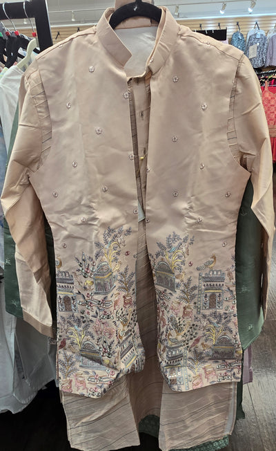 Men’s Light Peach Kurta Pajama with Printed Embroidered Jacket