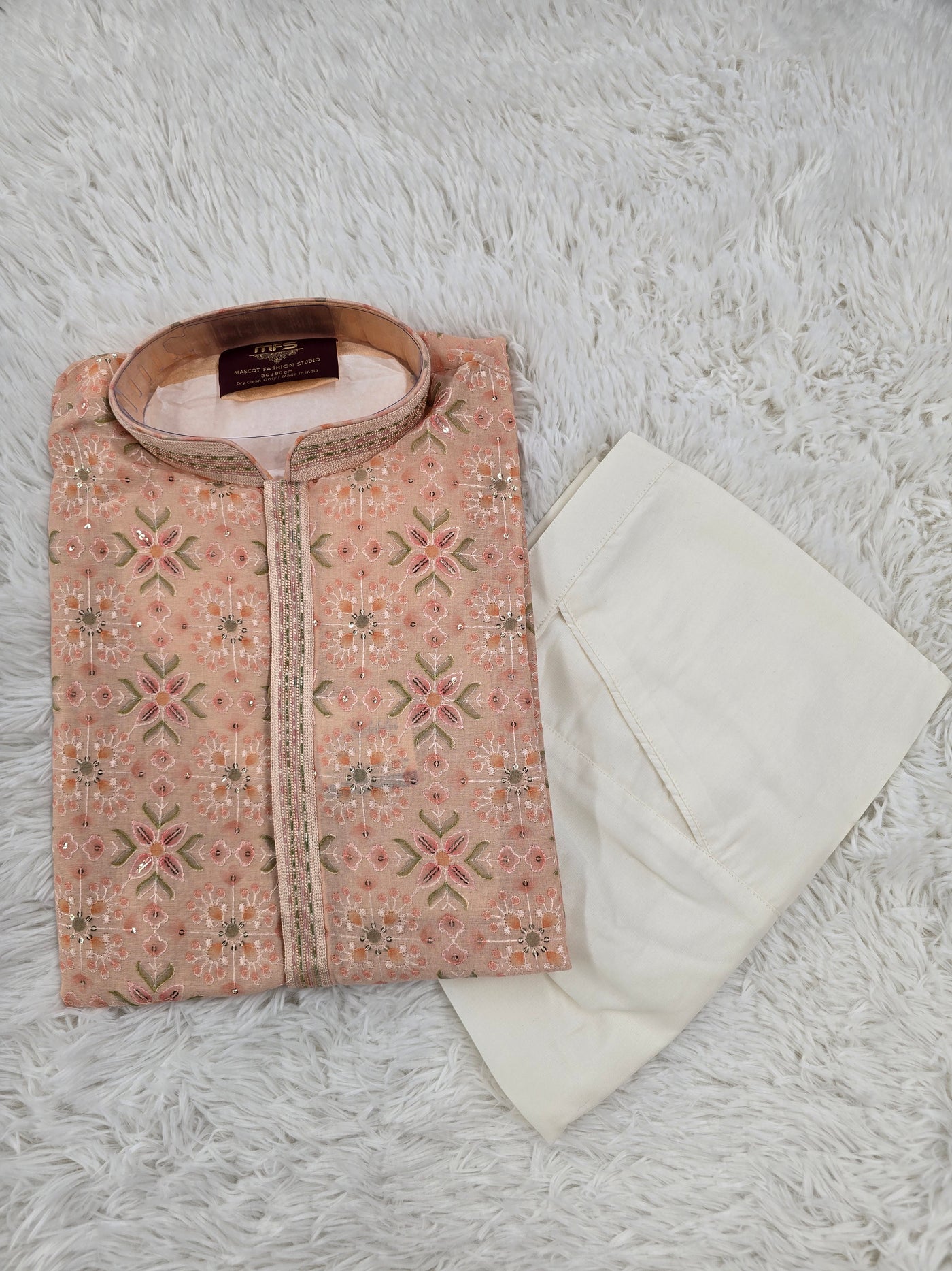 Men’s Peach Embroidered Kurta Pajama Set – Mirror & Thread Work with White Pyjama