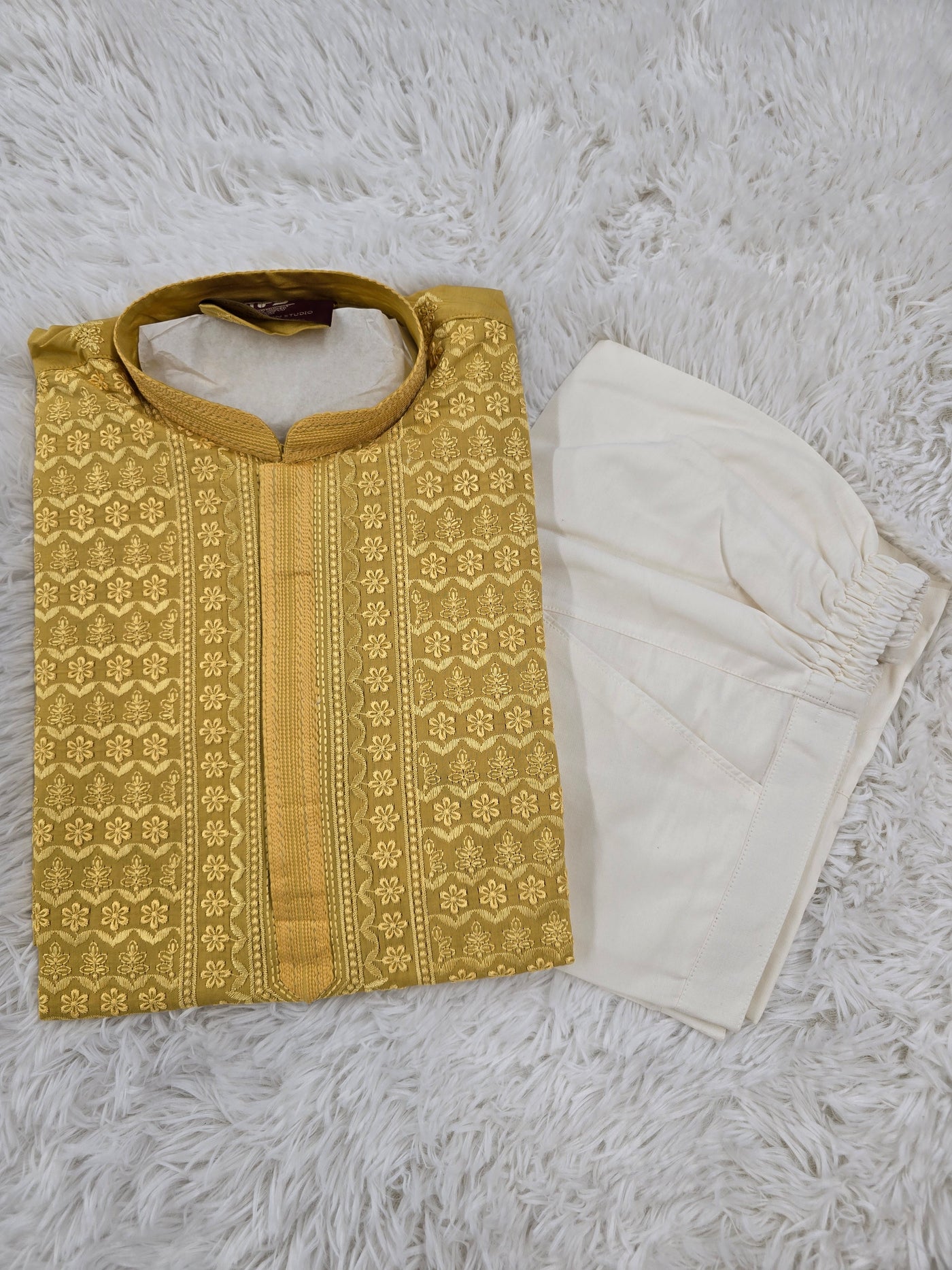 Men’s Mustard Yellow Embroidered Kurta Pajama with White Pant