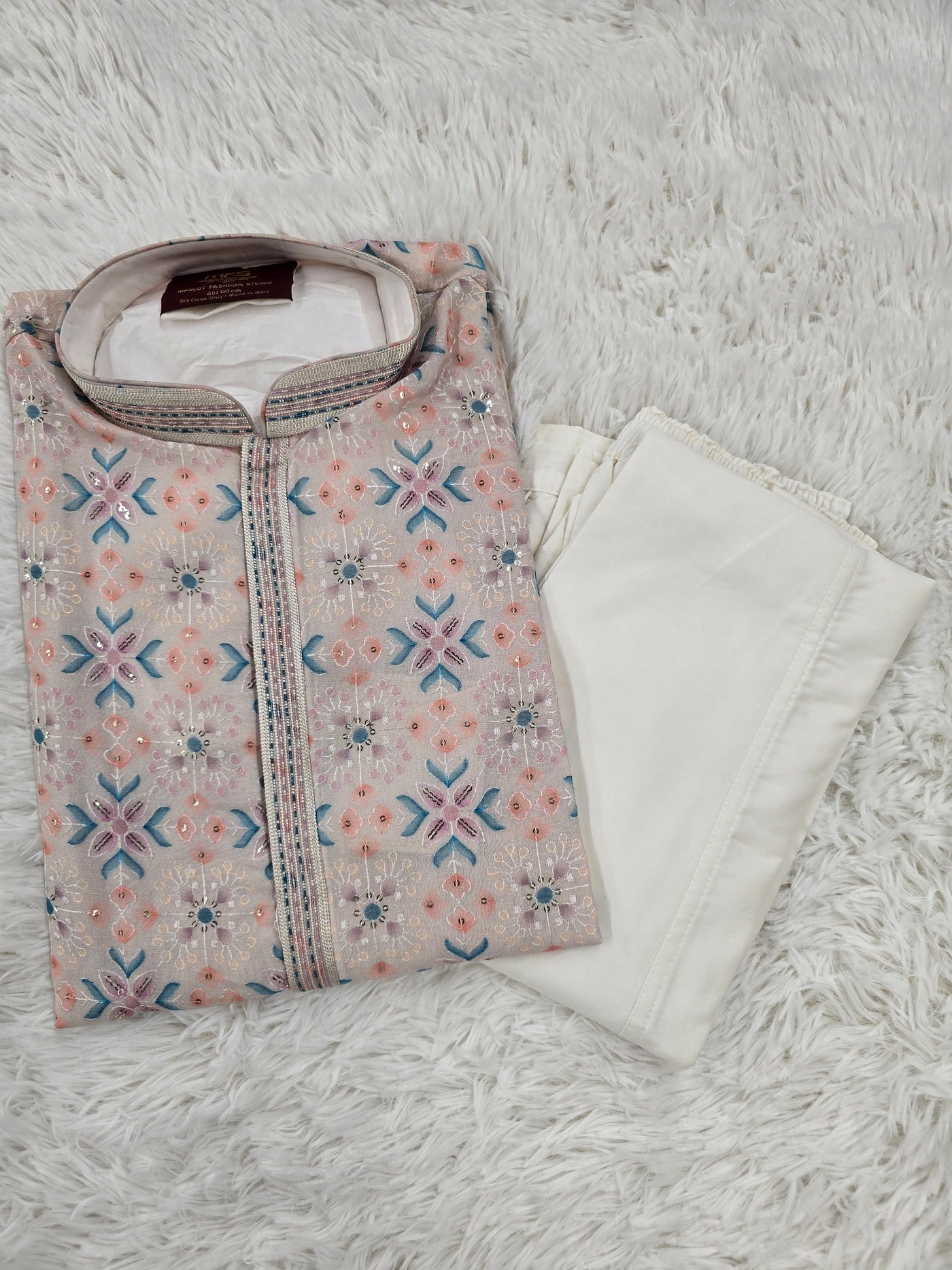 Men’s Pastel Peach Embroidered Kurta Pajama Set